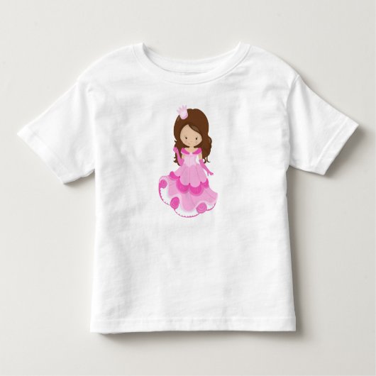 かわいいプリンセス、クラウン、ピンクのドレス、茶色の髪 トドラーTシャツ (正面)