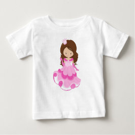 かわいいプリンセス、クラウン、ピンクのドレス、茶色の髪 ベビーTシャツ