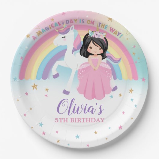 かわいいプリンセス&ユニコーンバースデーパーティーレインボー ペーパープレート (正面)