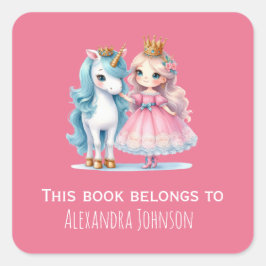 かわいいプリンセス&ユニコーンピンクキッズラベル スクエアシール