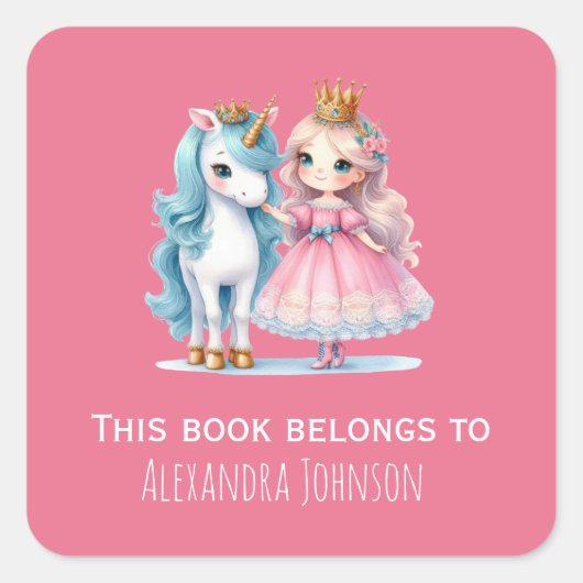 かわいいプリンセス&ユニコーンピンクキッズラベル スクエアシール (正面)