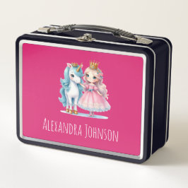 かわいいプリンセス&ユニコーンブライトピンクホワイト メタルランチボックス