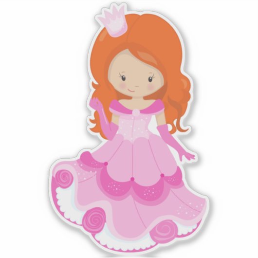 かわいいプリンセス、王冠、ピンクドレス、オレンジ色の髪 シール (正面)