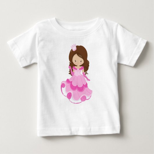 かわいいプリンセス、王冠、ピンクドレス、ブラウンヘア ベビーTシャツ (正面)