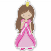 かわいいプリンセス、王冠、茶色の髪、ピンクのドレス シール (正面)