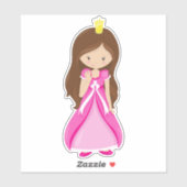 かわいいプリンセス、王冠、茶色の髪、ピンクのドレス シール (シート)