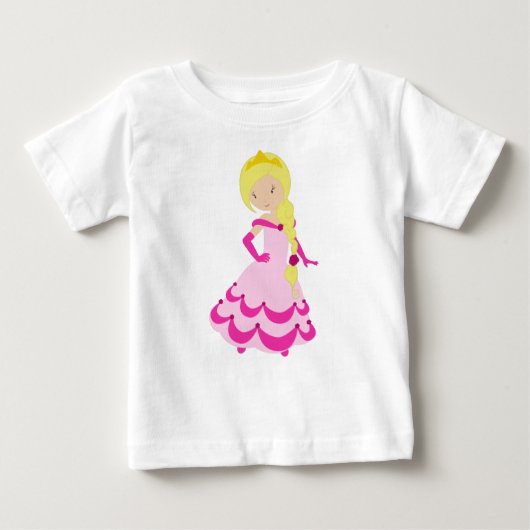 かわいいプリンセス、金髪、王冠、ピンクのドレス ベビーTシャツ (正面)