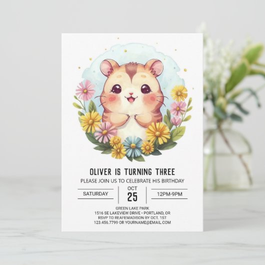 かわいいプリント可能なハムスター誕生日 招待状 (スタンド正面)