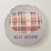 かわいいプレイドカボチャ秋スクリプトタータンチェックグレーオレンジ ラウンドクッション (正面)