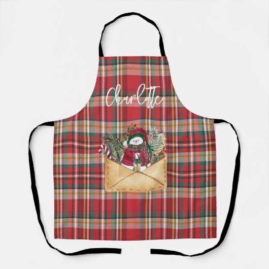 かわいいプレイド素朴スクリプトのクリスマスの休日の名前 エプロン (正面)