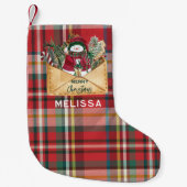 かわいいプレイド素朴スクリプトのパーソナライズされた休日 スモールクリスマスストッキング (正面)
