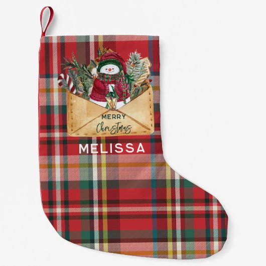 かわいいプレイド素朴スクリプトのパーソナライズされた休日 スモールクリスマスストッキング (正面)