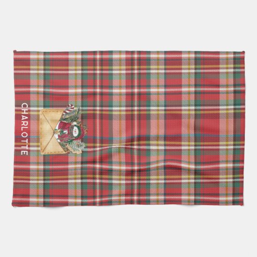 かわいいプレイド素朴スクリプトクリスマスホリデーカスタム キッチンタオル (横)