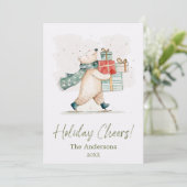 かわいいプレゼントを抱えた水彩のホッキョクグマのクリスマスカード シーズンカード (スタンド正面)