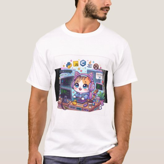 かわいいプログラマー猫Tシャツ | Kawaii Coding Cat wi Tシャツ (正面)