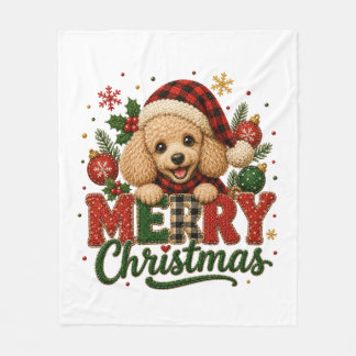 かわいいプードルのメリークリスマス フリースブランケット