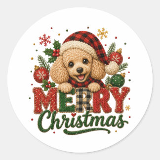 かわいいプードルのメリークリスマス ラウンドシール