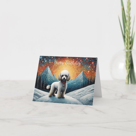 かわいいプードル 雪山 ハッピーバースデー カード (正面)