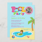 かわいいプールを囲んでのパーティの女の子の写真の誕生会の招待 招待状 (正面/裏面)