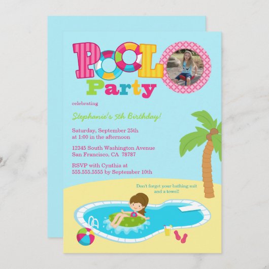 かわいいプールを囲んでのパーティの女の子の写真の誕生会の招待 招待状 (正面/裏面)