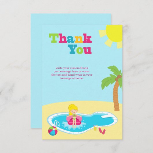 かわいいプールを囲んでのパーティの女の子の誕生日のサンキューカード サンキューカード (正面/裏面)