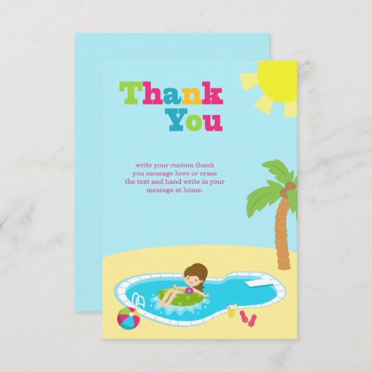 かわいいプールを囲んでのパーティの女の子の誕生日は平らなカード感謝していしています サンキューカード (正面/裏面)