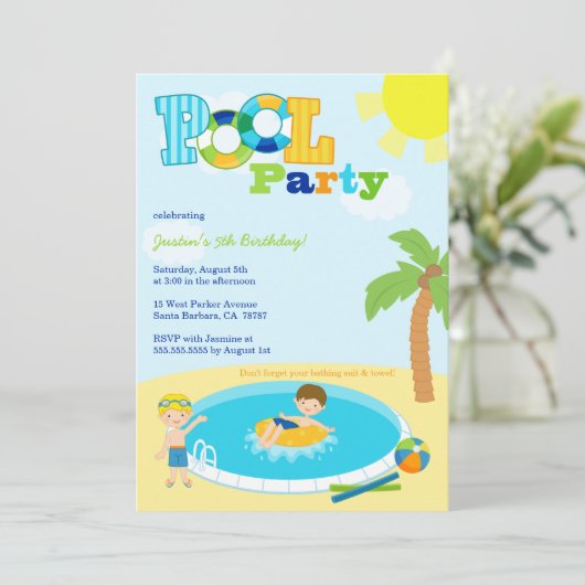 かわいいプールを囲んでのパーティの男の子の誕生日のパーティの招待状 招待状 (スタンド正面)