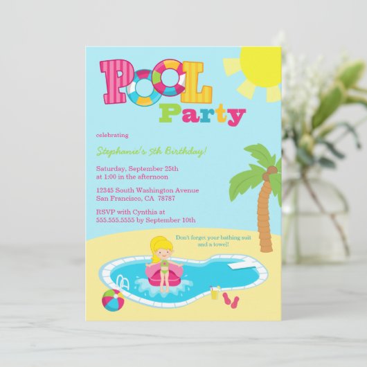 かわいいプールパーティーの女の子の誕生日パーティーの招待 招待状 (スタンド正面)