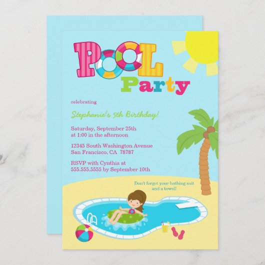 かわいいプールパーティーの誕生日パーティーの招待 招待状 (正面/裏面)