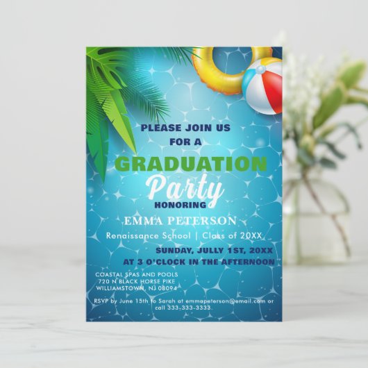 かわいいプールパーティースイミング卒業ギフトグリーン 招待状 (スタンド正面)