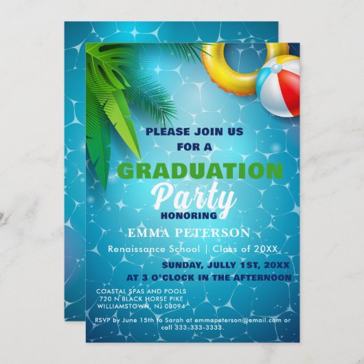 かわいいプールパーティースイミング卒業ギフトグリーン 招待状 (正面/裏面)