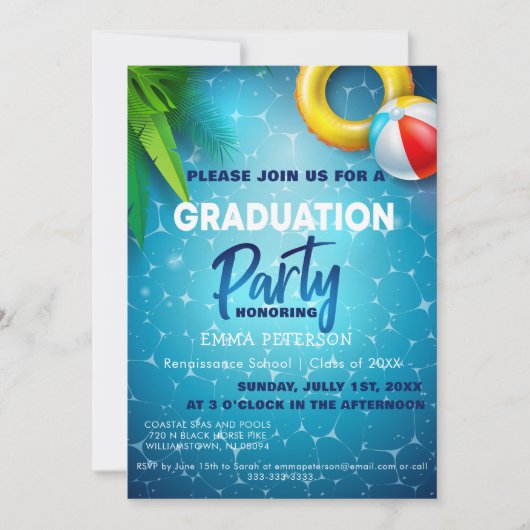 かわいいプールパーティースイミング卒業ギフト 招待状 (正面)