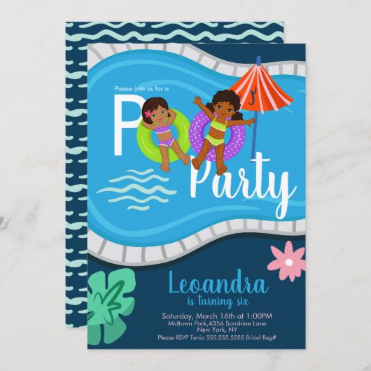 かわいいプールパーティー子供の誕生日任意の年齢 招待状 (正面/裏面)