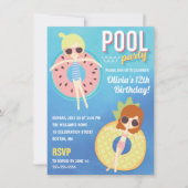 かわいいプールパーティー水彩 |女の子誕生日 招待状 (正面)