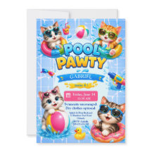 かわいいプールパーティー猫の子供の誕生日招待状