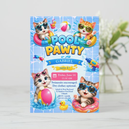 かわいいプールパーティー猫の子供の誕生日招待状 招待状 (スタンド正面)