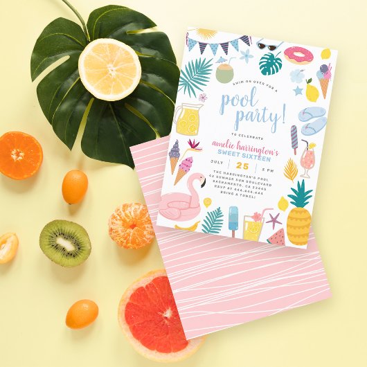 かわいいプールパーティーSweet sixteen誕生日パーティー インビテーションポストカード