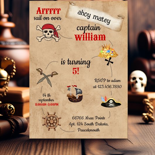 かわいいプール船パイレーツ誕生日 招待状