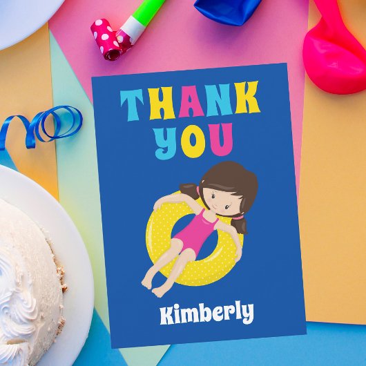 かわいいプール誕生日パーティーの女の子カスタム子供 サンキューカード