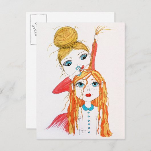 かわいいヘアカットお洒落アートイラストレーションはがき ポストカード (正面/裏面)