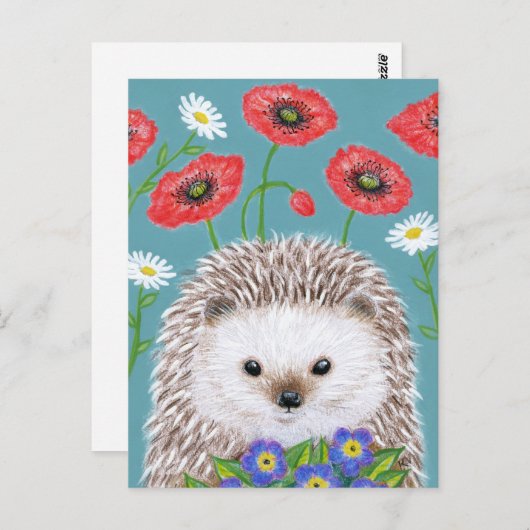 かわいいヘッジホッグと春の花はがき ポストカード (正面/裏面)