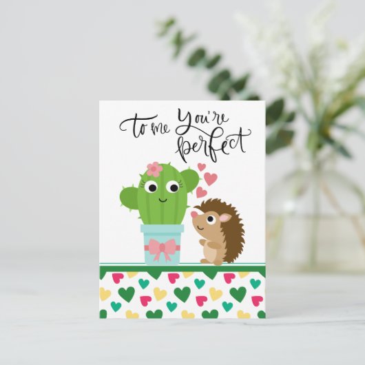 かわいいヘッジホッグのバレンタイン|サボテンあなたは完璧 シーズンポストカード (スタンド正面)