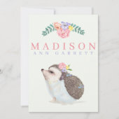 かわいいヘッジホッグのピンクの赤ちゃん女の子の写真誕生 案内状 (正面)