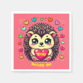 かわいいヘッジホッグカスタマイズ可能な誕生日ガール スタンダードカクテルナプキン