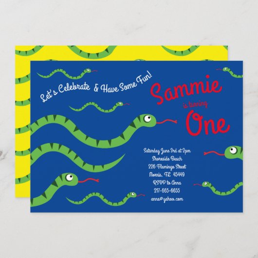 かわいいヘビ爬虫類キッド1歳の誕生日パーティー 招待状 (正面/裏面)