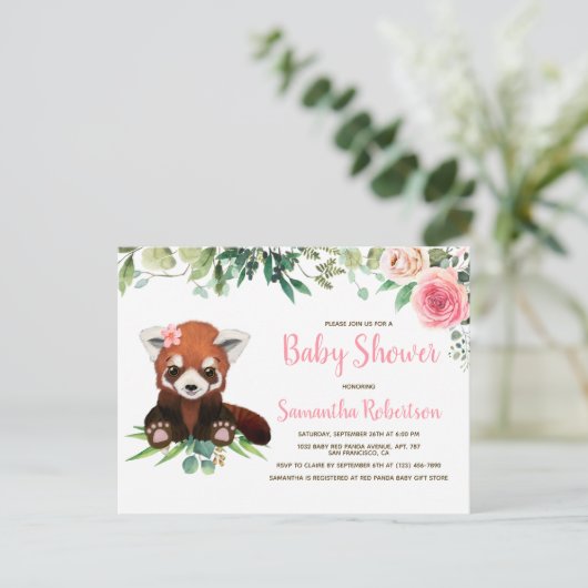かわいいベアーウォーター色赤面ピンクガール赤ちゃんシャワー インビテーションポストカード (スタンド正面)