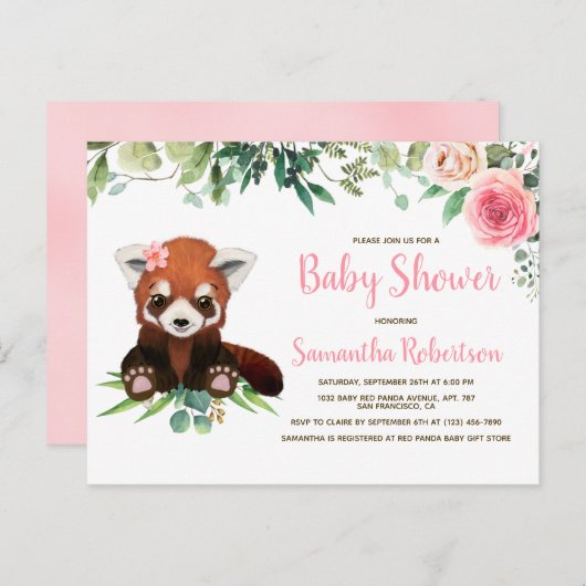 かわいいベアーウォーター色赤面ピンクフローラベビーシャワー インビテーションポストカード (正面/裏面)