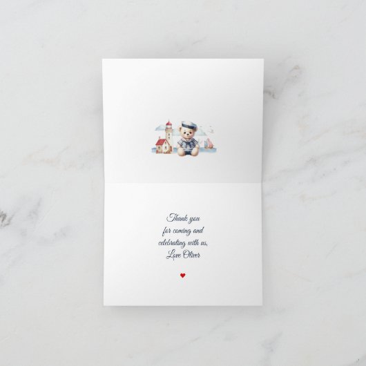 かわいいベアーサア航海のールブルー一歳の誕生日ボーイ サンキューカード (内部)