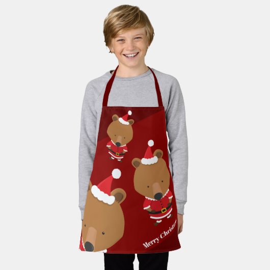 かわいいベアーサンタバーガンディメリークリスマスエプロン エプロン (着用した状態)