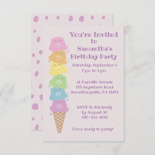 かわいいベアーズアイスクリームコーンガールズバースデーパーティー 招待状 (正面/裏面)